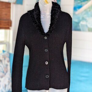 EUC Allison Brittney Black Button Up Cardigan with Faux Lambs Wool Collar